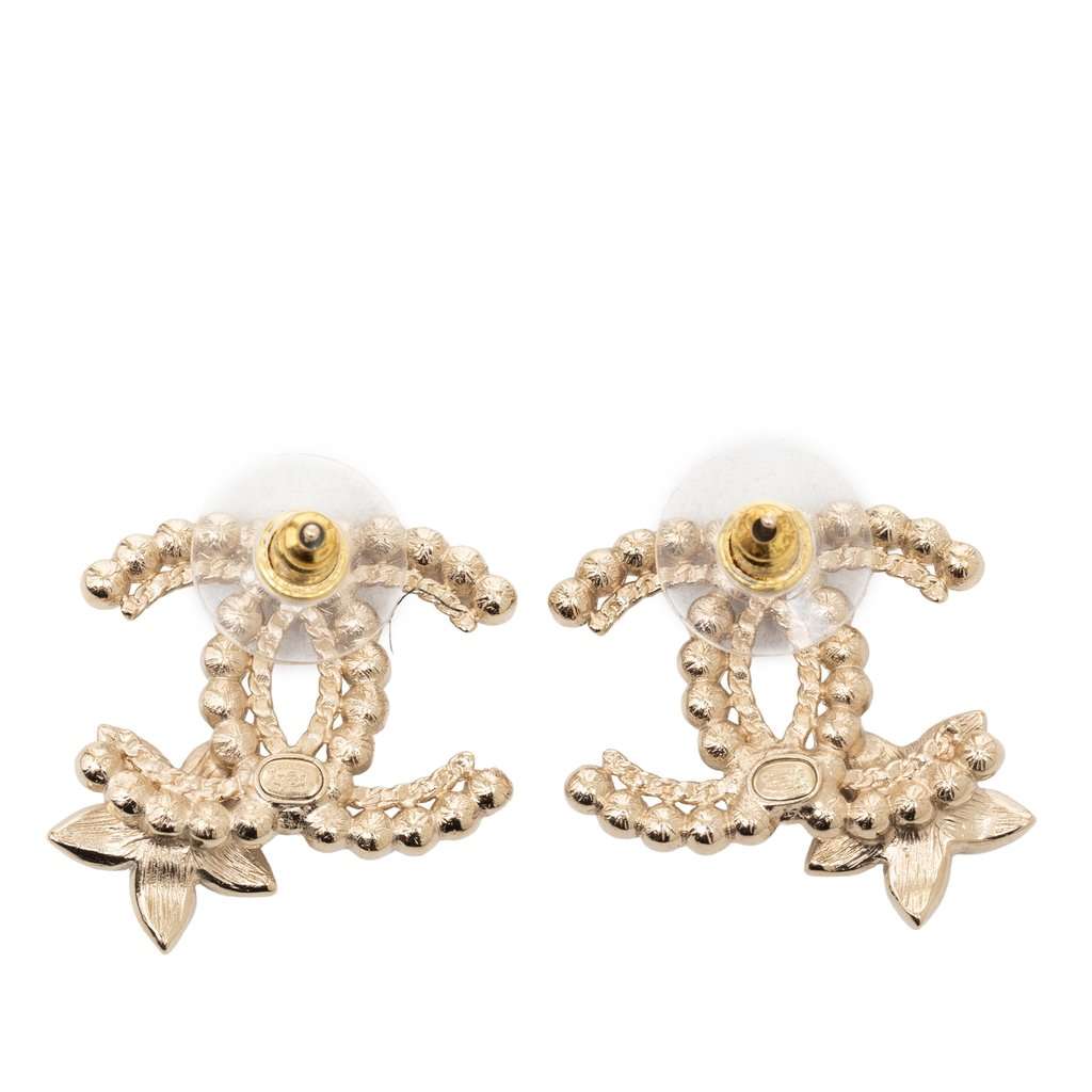 Chanel CC Gold Plated Faux Pearl Strass Resin Bullet Back Earrings Gold Metal Very good condition - Back View
