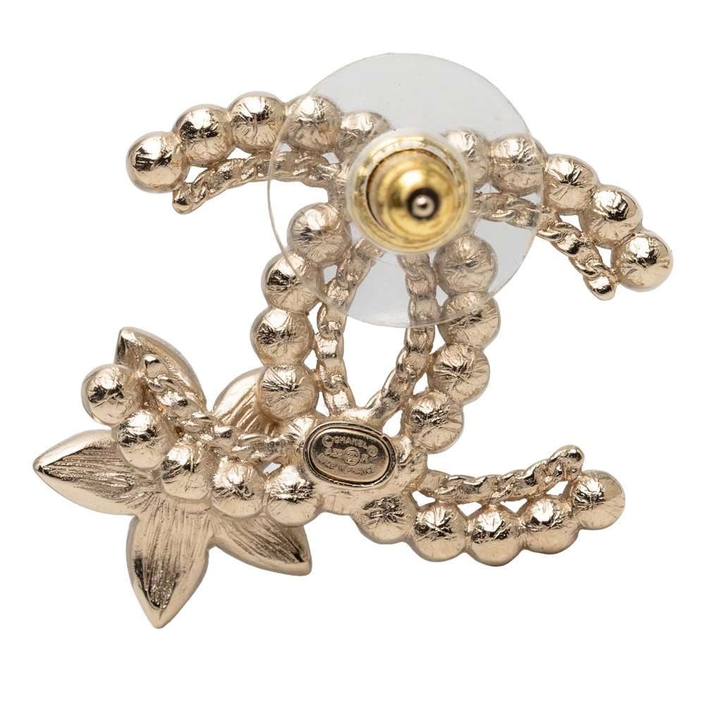 Chanel CC Gold Plated Faux Pearl Strass Resin Bullet Back Earrings Gold Metal Very good condition - Inside View