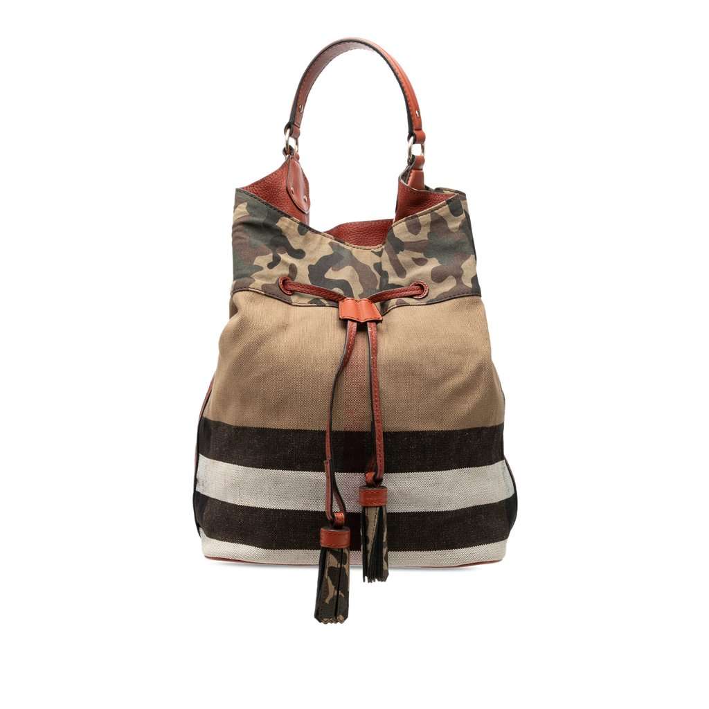 Burberry Mega Check Canvas Camouflage Susanna Tassel Bucket Bag Brown Very good condition - Front View