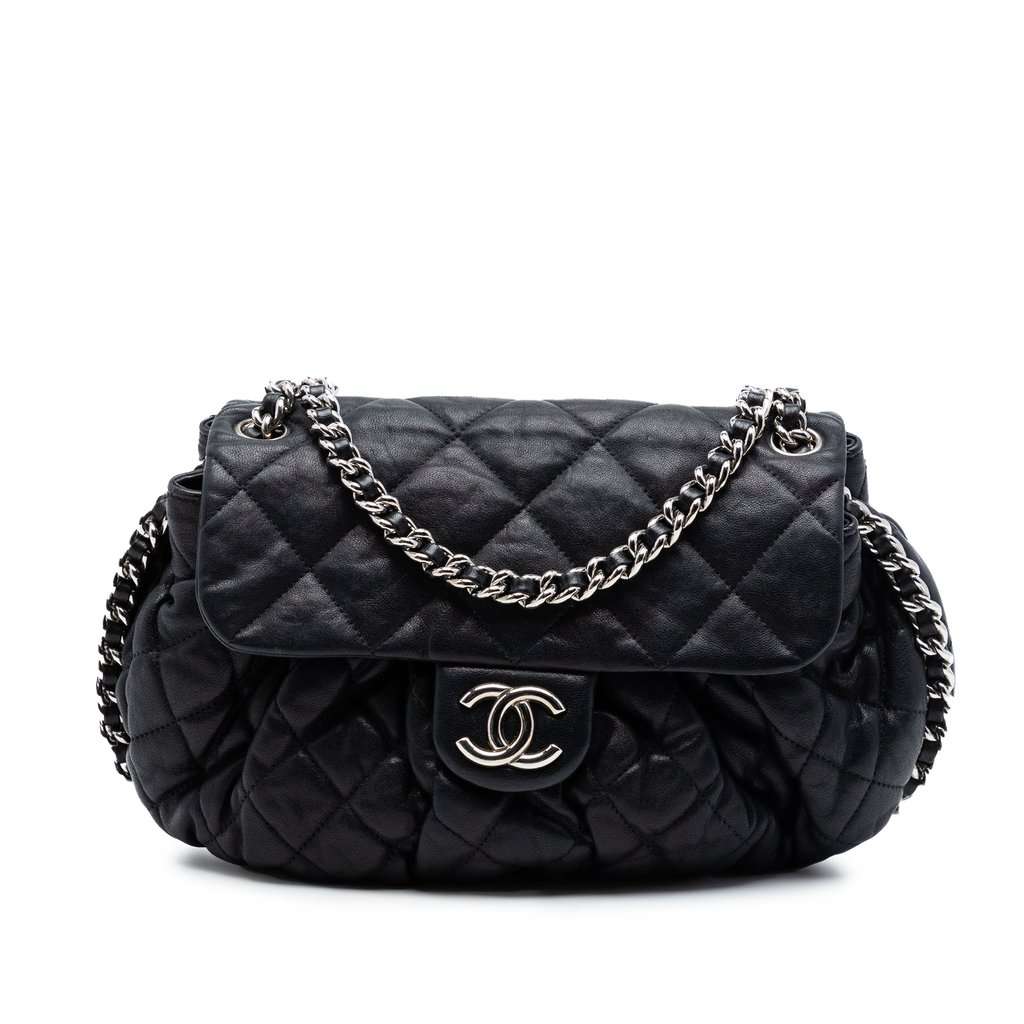 Chanel CC Quilted Lambskin Chain Around Flap Black Leather Very good condition - Front View