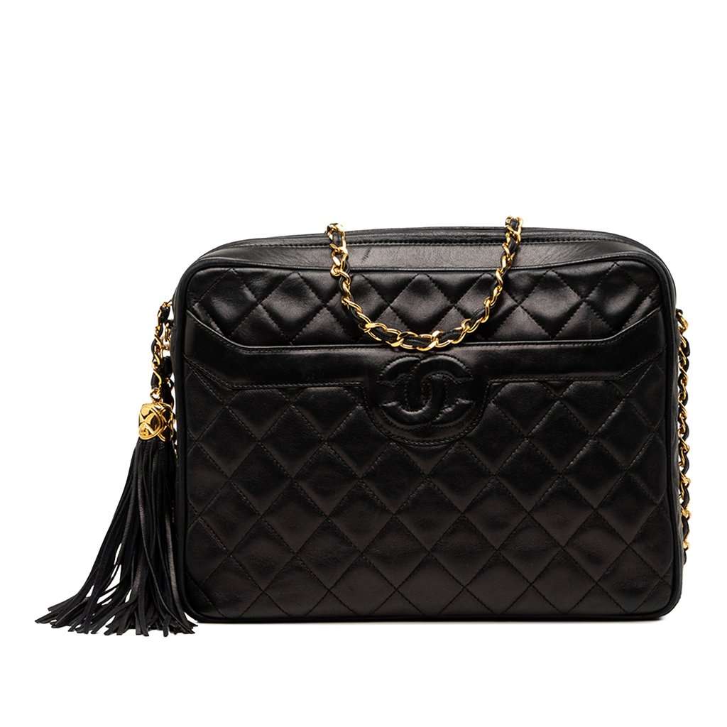 Chanel Medium CC Quilted Lambskin Tassel Camera Bag Black Leather Very good condition - Front View