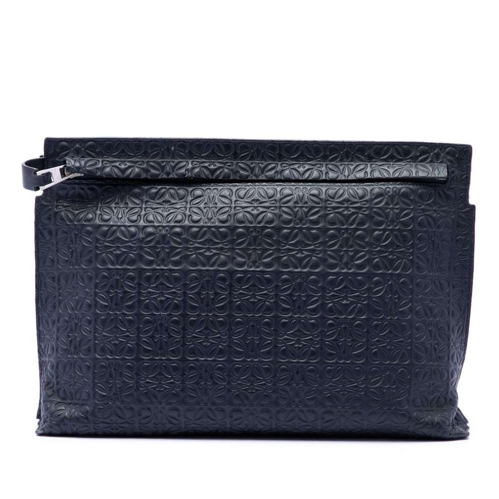 Loewe Embossed Anagram Leather Repeat T Clutch Blue Leather Very good condition - Front View