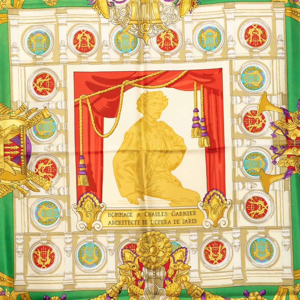 Hermès Hommage A Charles Garnier Silk Scarf 90 Green Very good condition - Back View