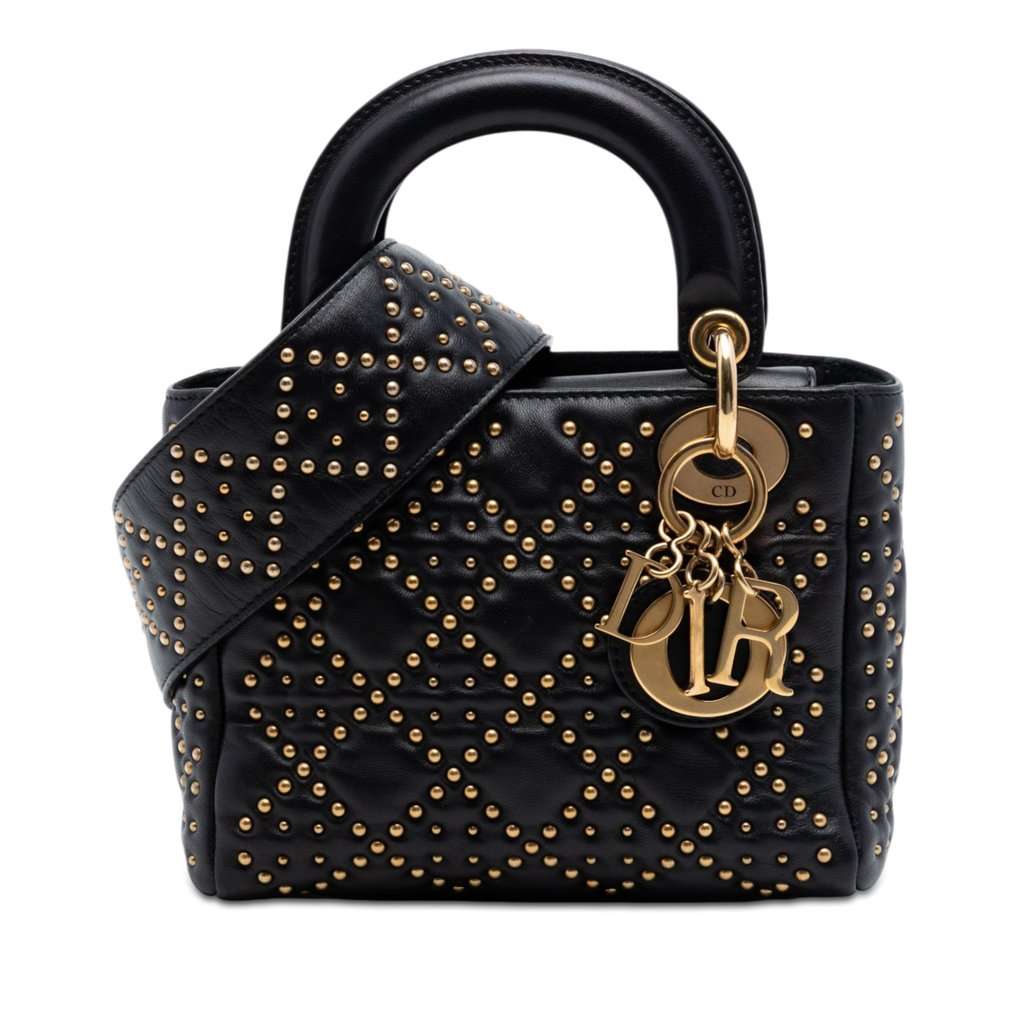 Dior Mini Lambskin Cannage Studded Supple Lady Dior Black Leather Very good condition - Front View