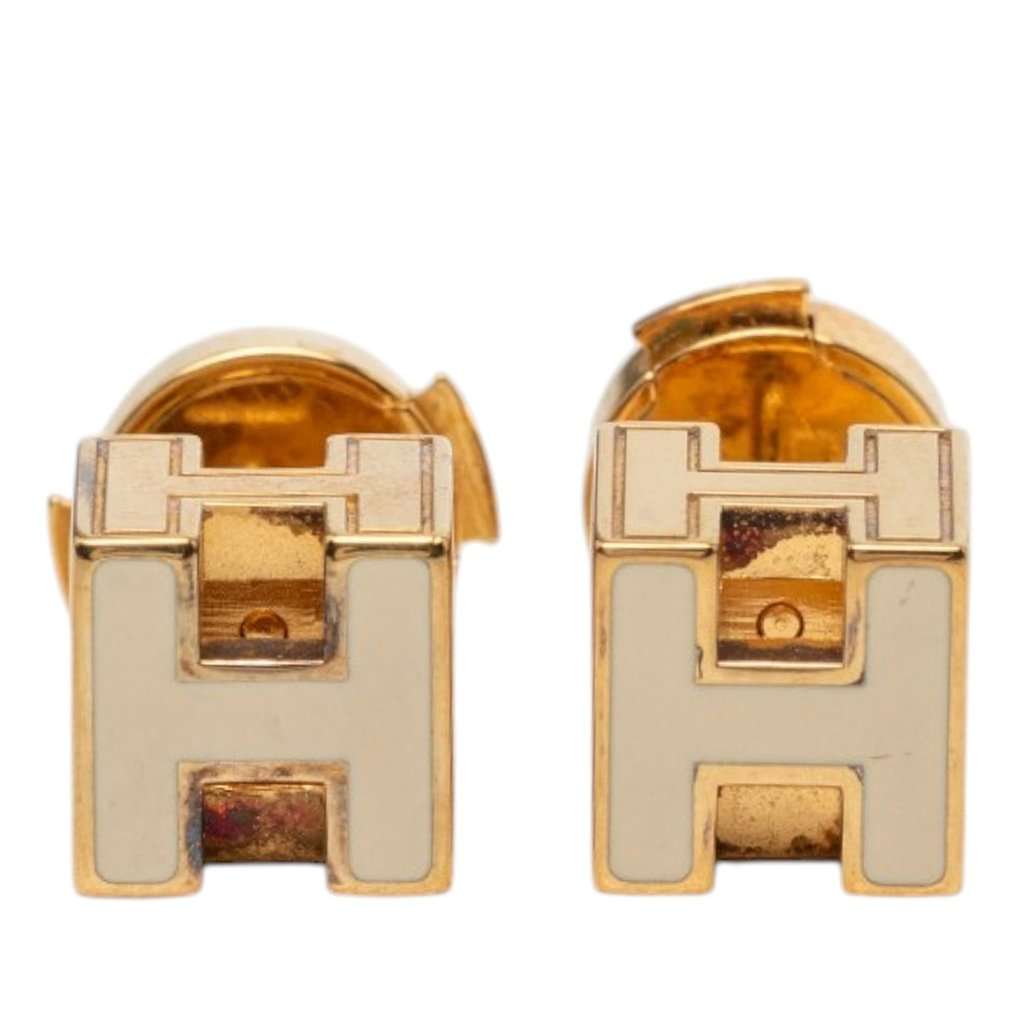 Hermès Gold Plated Enamel Cage dH Cube Earrings Gold Metal Very good condition - Front View