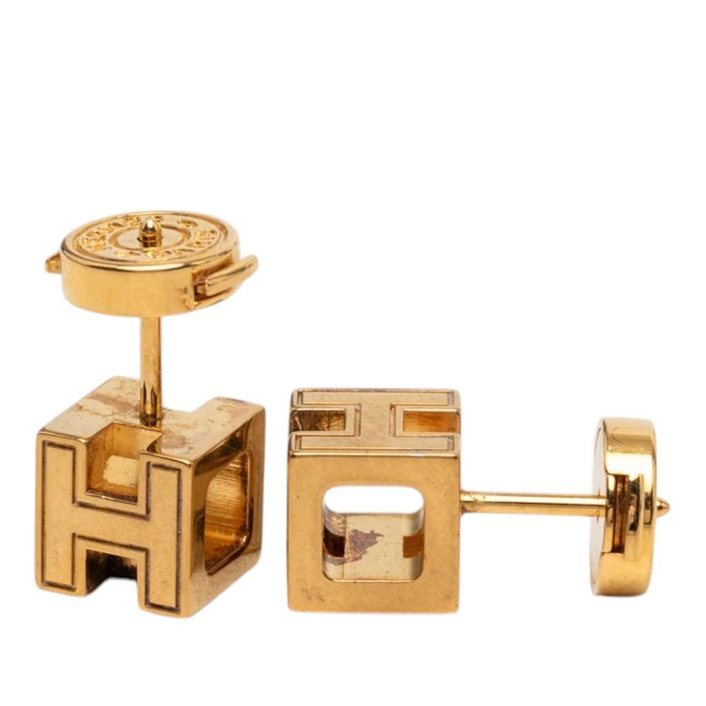 Hermès Gold Plated Enamel Cage dH Cube Earrings Gold Metal Very good condition - Inside View