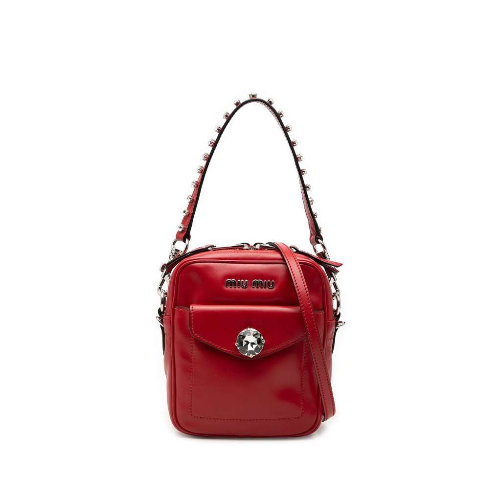 Miu Miu Vitello Soft Crystal Embellished Solitaire Camera Bag Red Leather Very good condition - Front View