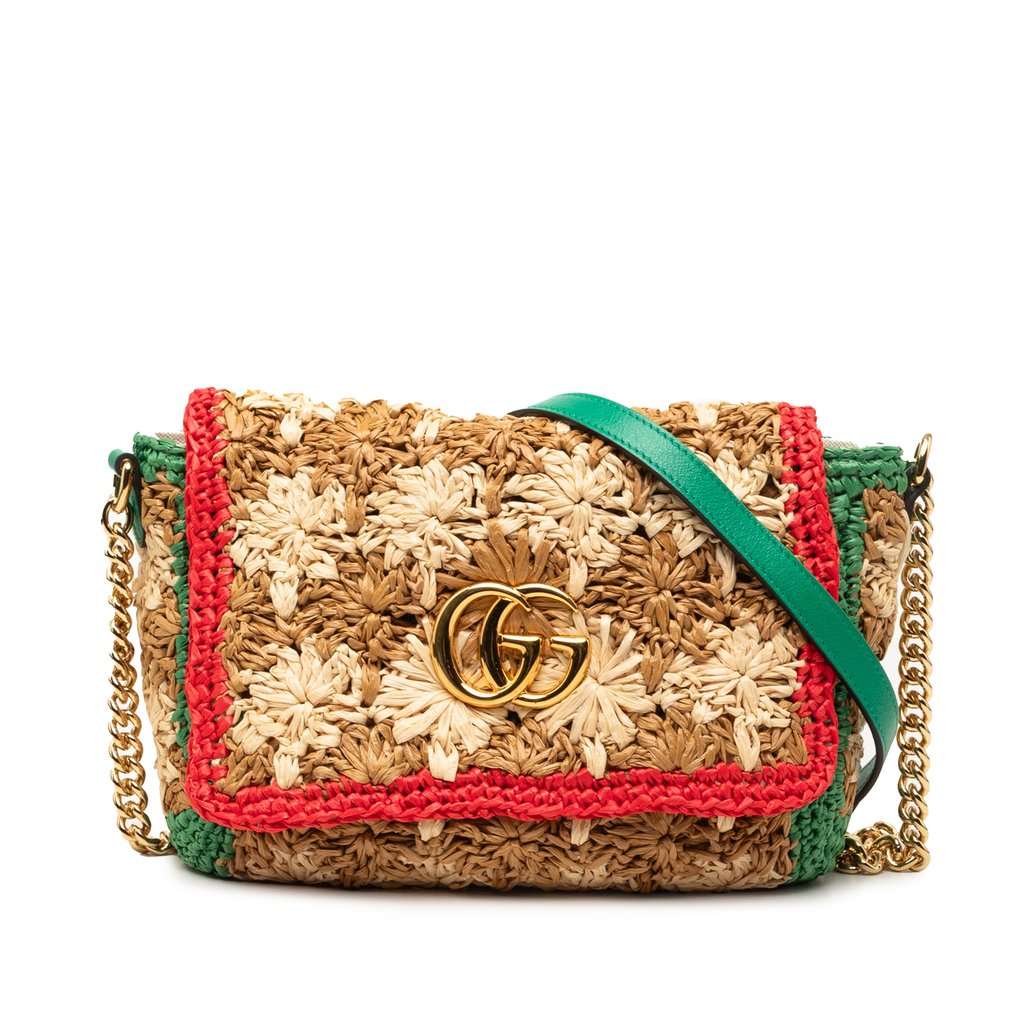 Gucci Small GG Marmont Raffia Crossbody Beige Very good condition - Front View