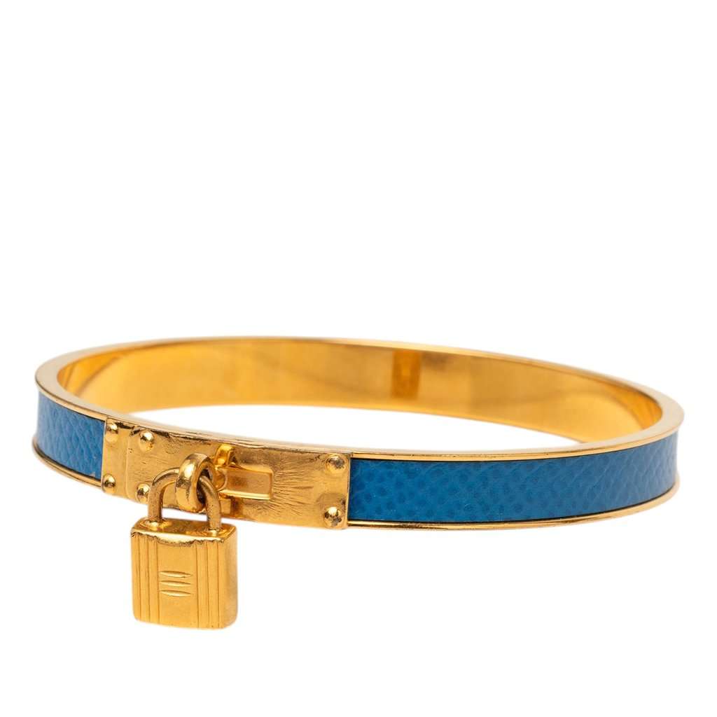 Hermès Gold Plated Courchevel Kelly Cadena Lock Bangle Bracelet Blue Leather Very good - Back View