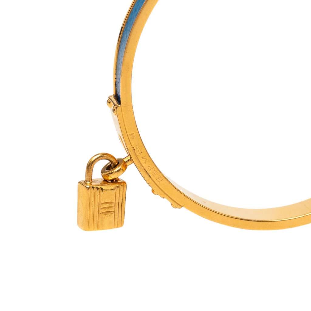Hermès Gold Plated Courchevel Kelly Cadena Lock Bangle Bracelet Blue Leather Very good - Box View