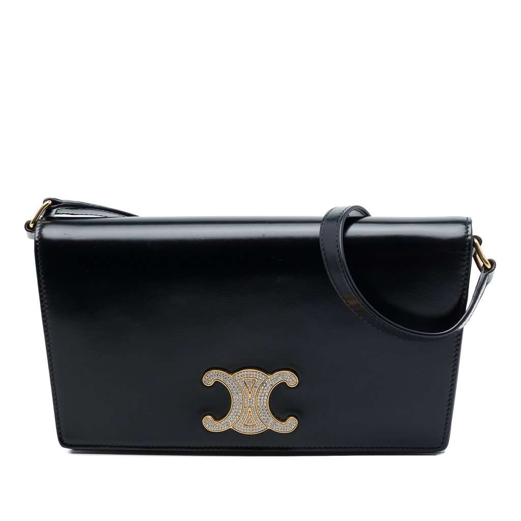 Celine Shiny Calfskin Strass Triomphe Trapeze Shoulder Bag Black Leather Very good condition - Front View