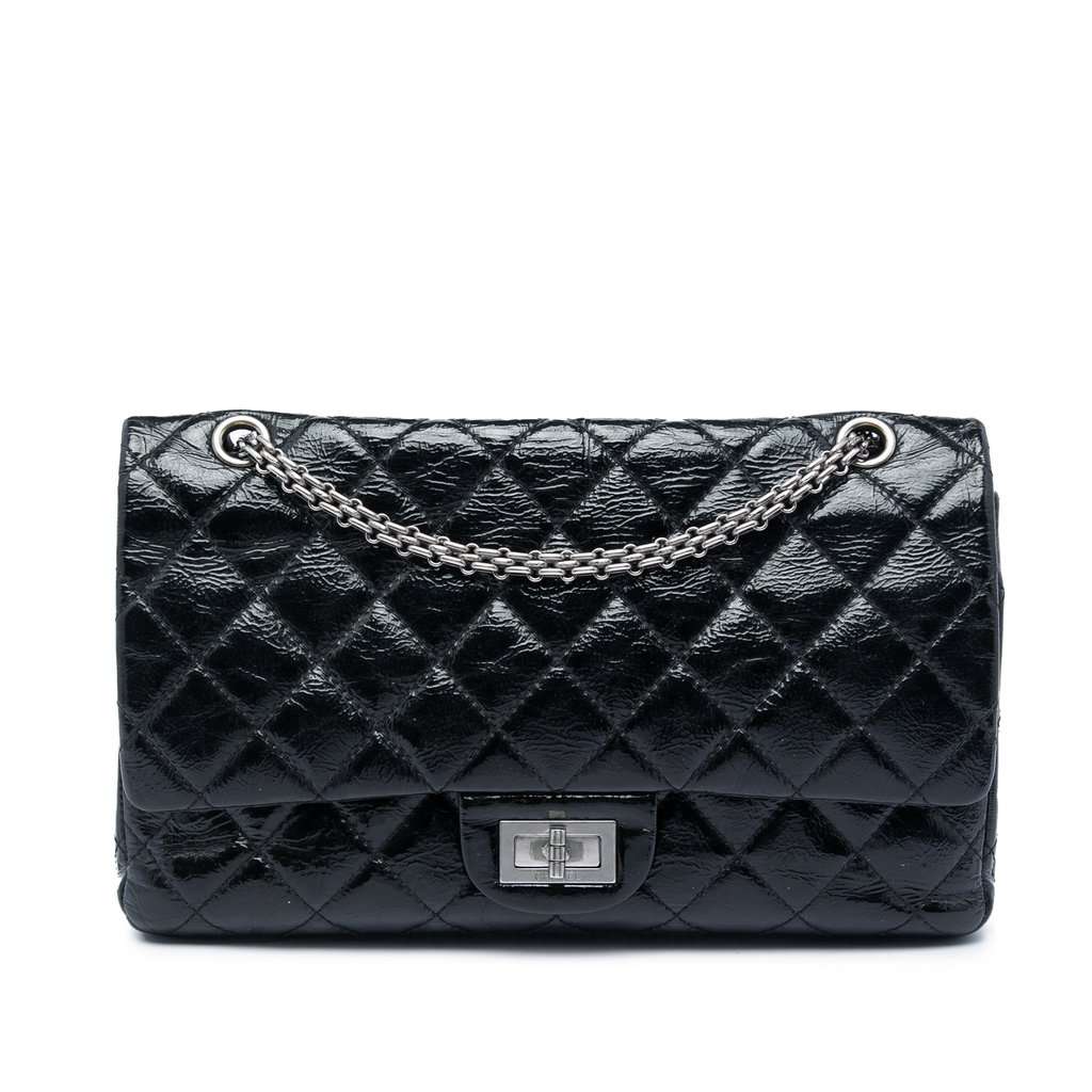 Chanel Quilted Crinkled Patent Reissue 2.55 Double Flap 227 Black Leather Very good condition - Front View
