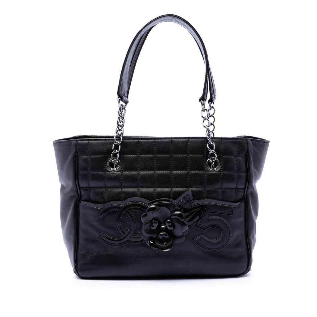 Chanel CC Choco Bar Lambskin Camellia No 5 Tote Black Leather Very good condition - Front View