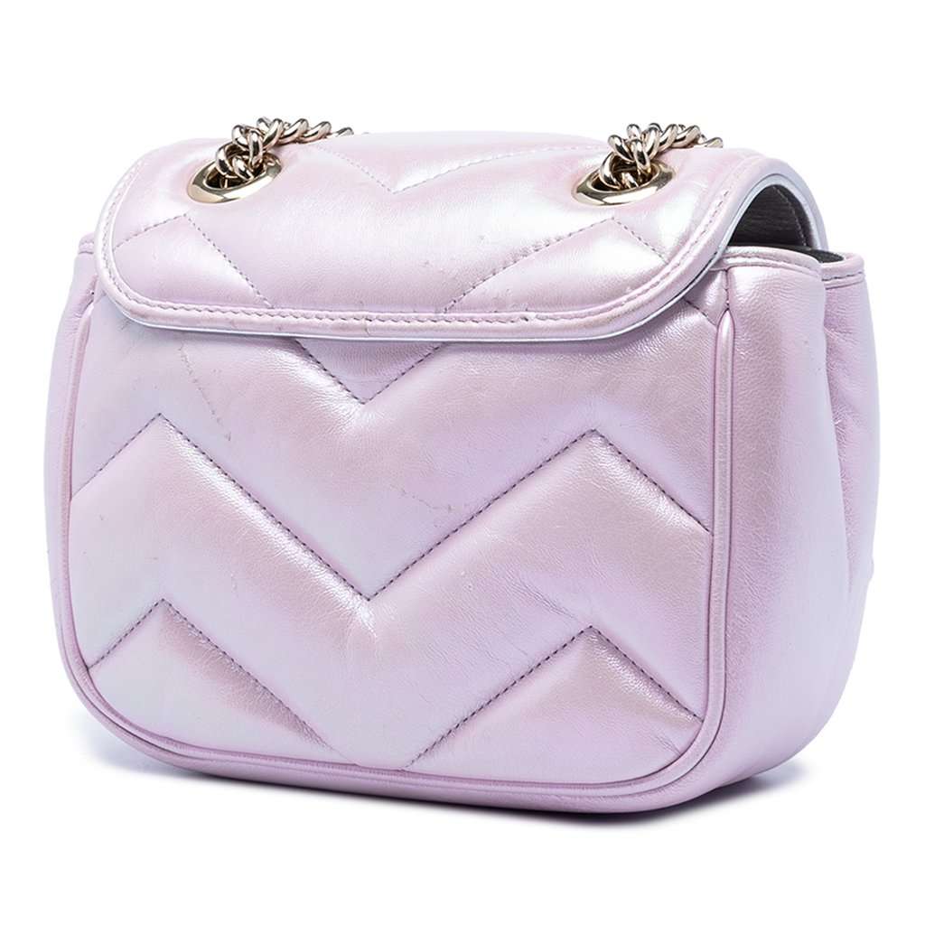 Gucci Mini GG Marmont Matelasse Iridescent Calfskin Flap Crossbody Purple Leather Very good condition - Back View