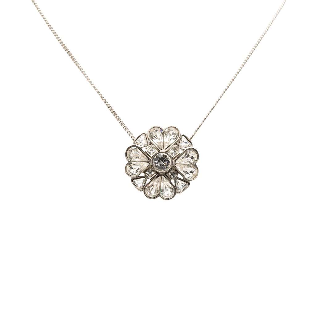 Chanel CC Brass Strass Clover Pendant Necklace Silver Metal Very good - Front View