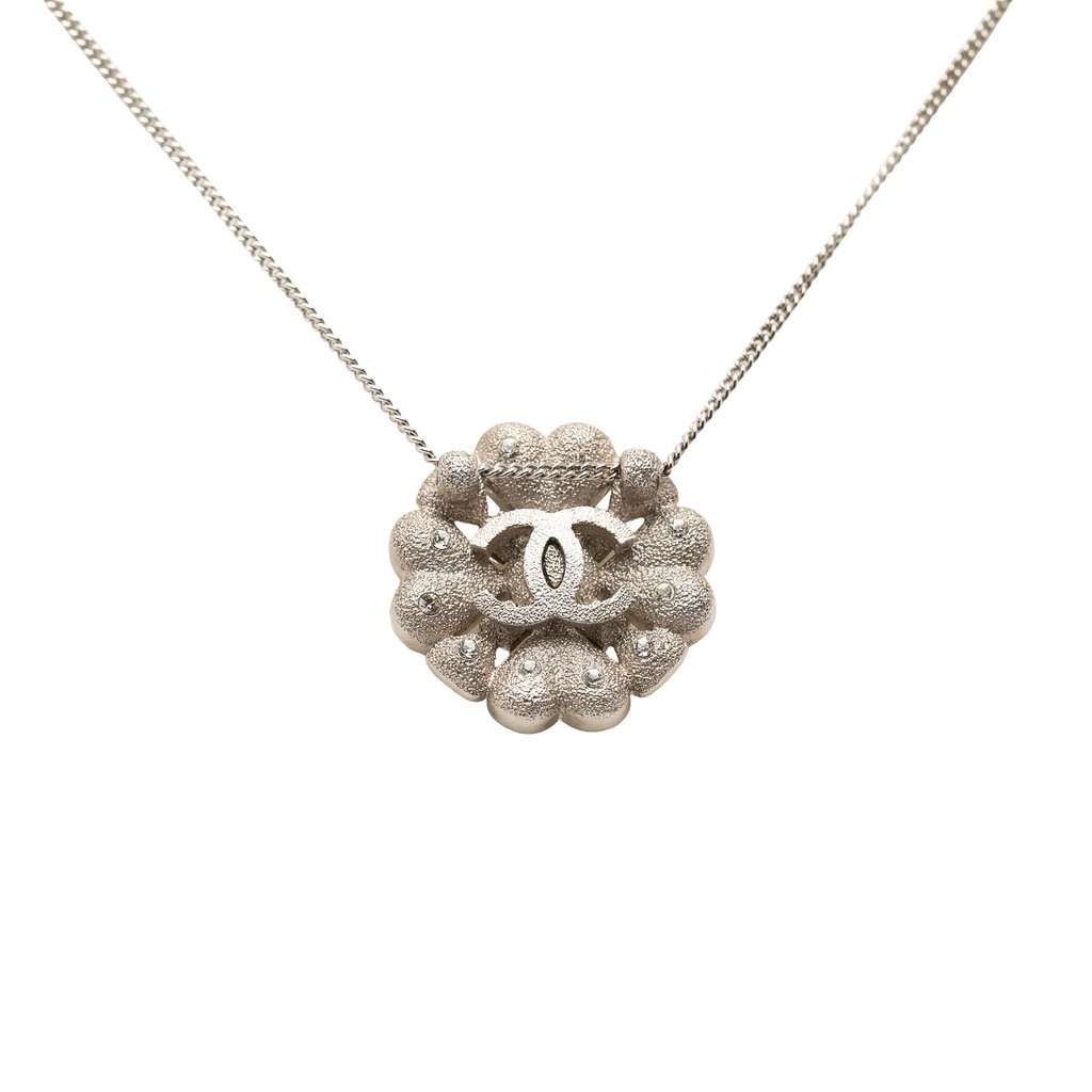 Chanel CC Brass Strass Clover Pendant Necklace Silver Metal Very good - Back View