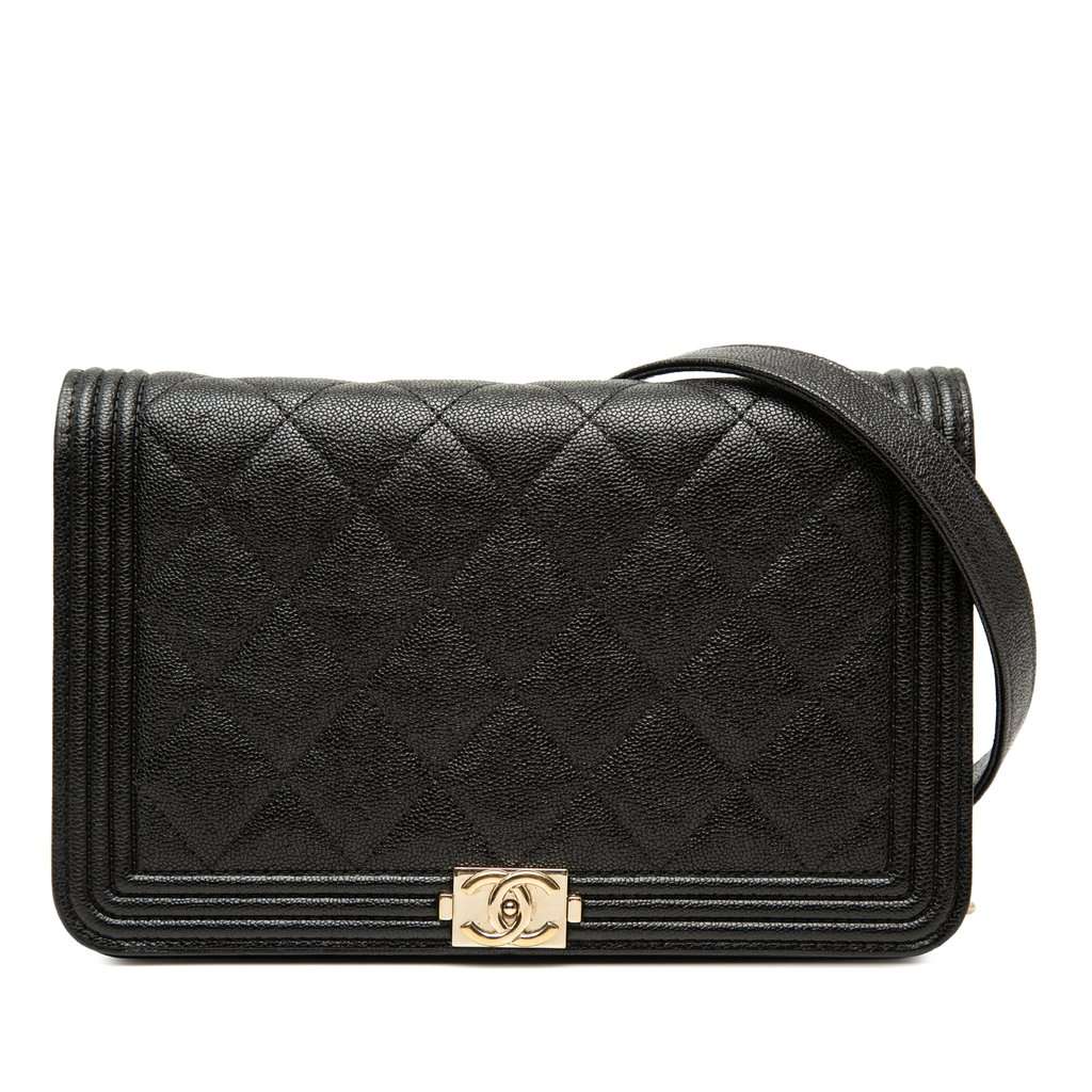 Chanel Quilted Caviar Boy Wallet on Chain Black Leather Very good - Front View