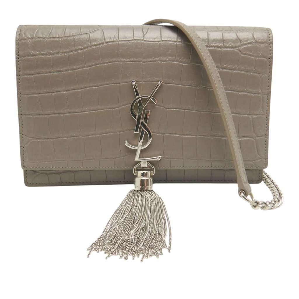 Saint Laurent Small Croc Embossed Leather Monogram Kate Tassel Crossbody Brown Leather Very good condition - Front View