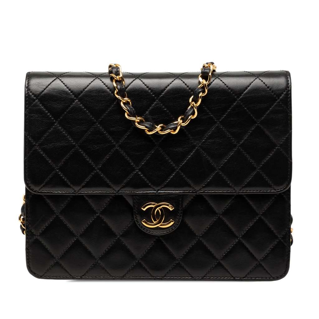 Chanel Small CC Quilted Lambskin Single Flap Black Leather Very good - Front View
