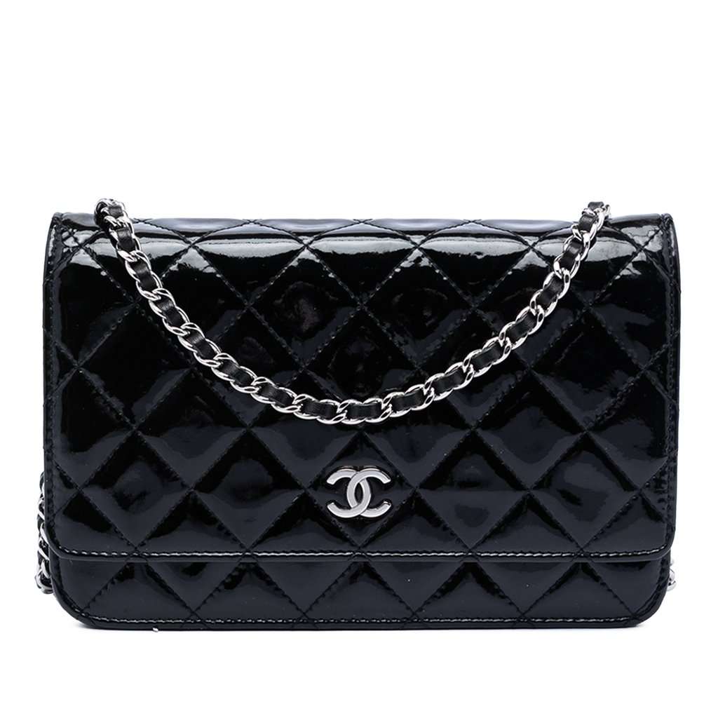 Chanel CC Quilted Patent Wallet On Chain Black Leather Very good condition - Front View
