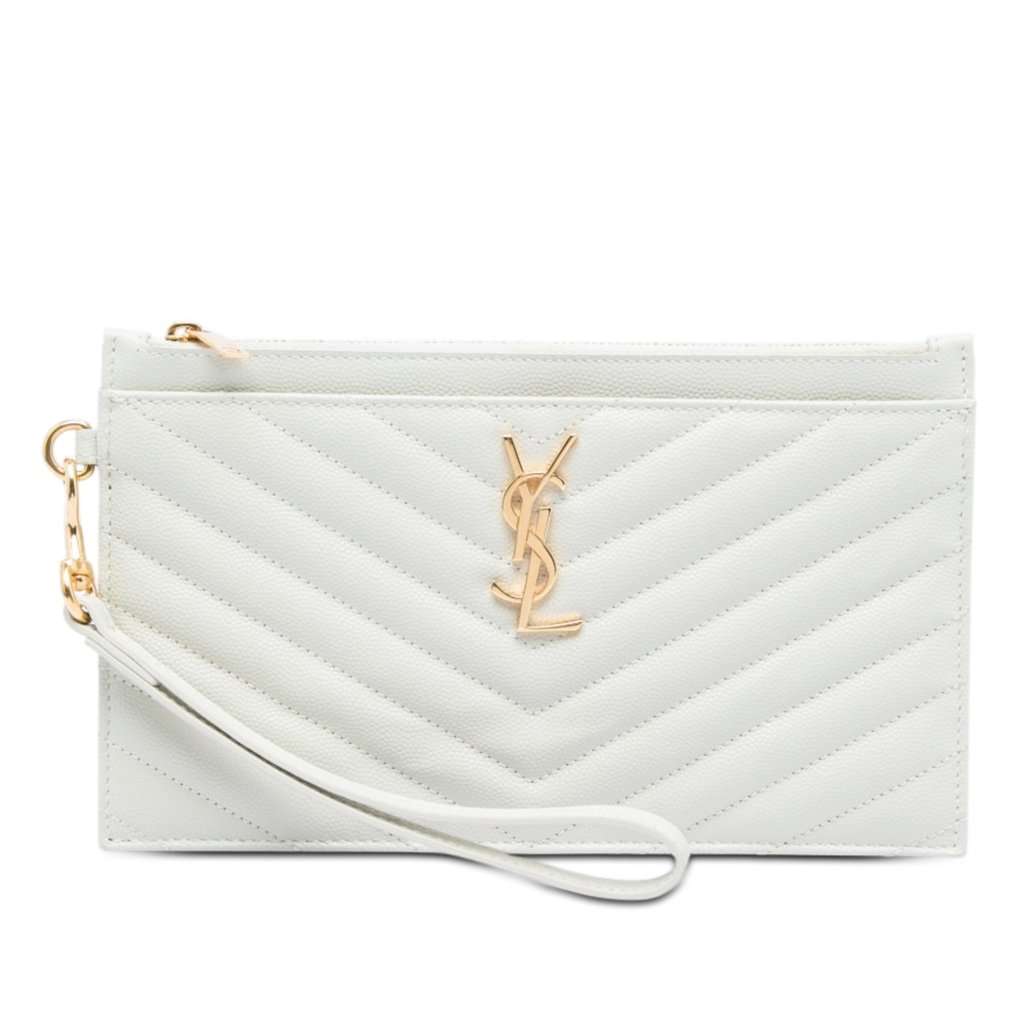Saint Laurent Grain De Poudre Chevron Monogram Bill Pouch White Leather Very good - Front View