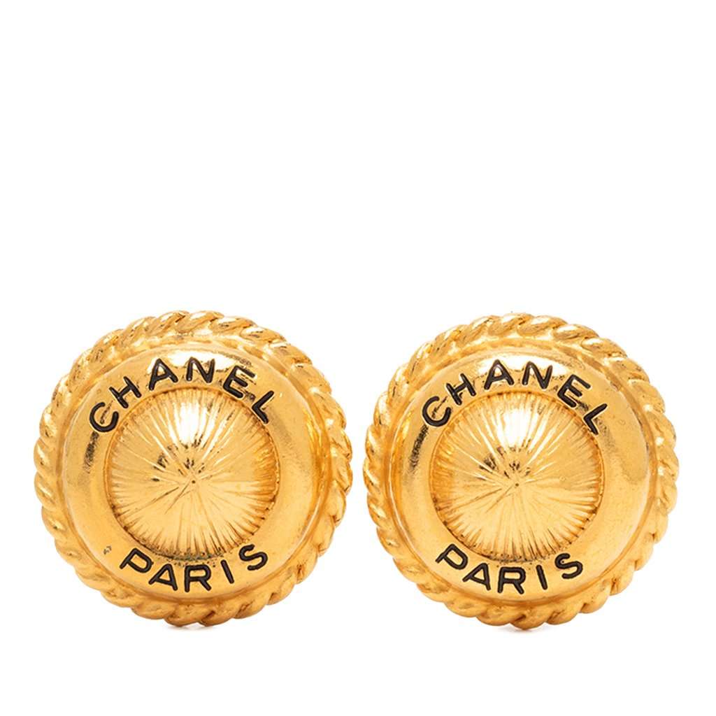 Chanel CC Gold Plated Round Logo Clip On Earrings Gold Metal Very good - Front View