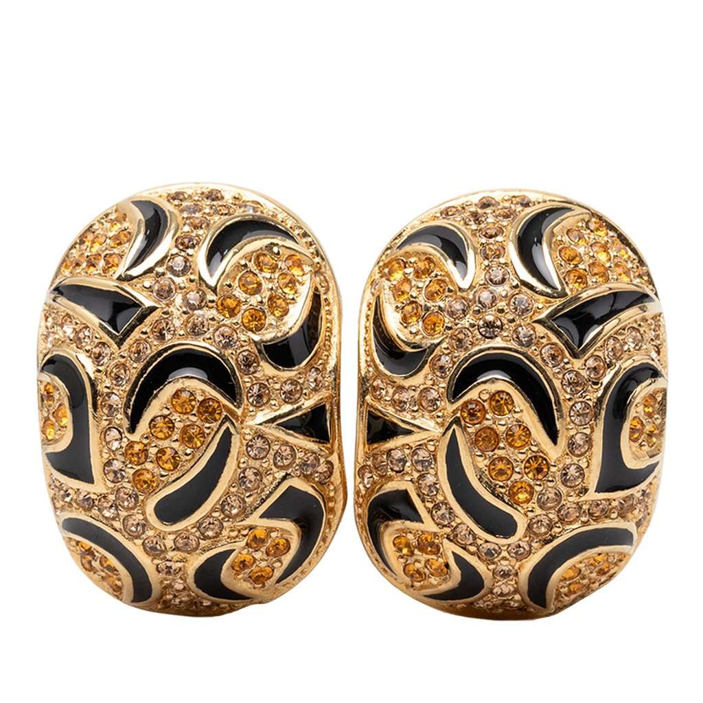 Dior Gold Plated Strass Enamel Oval Clip On Earrings Gold Metal Very good condition - Front View
