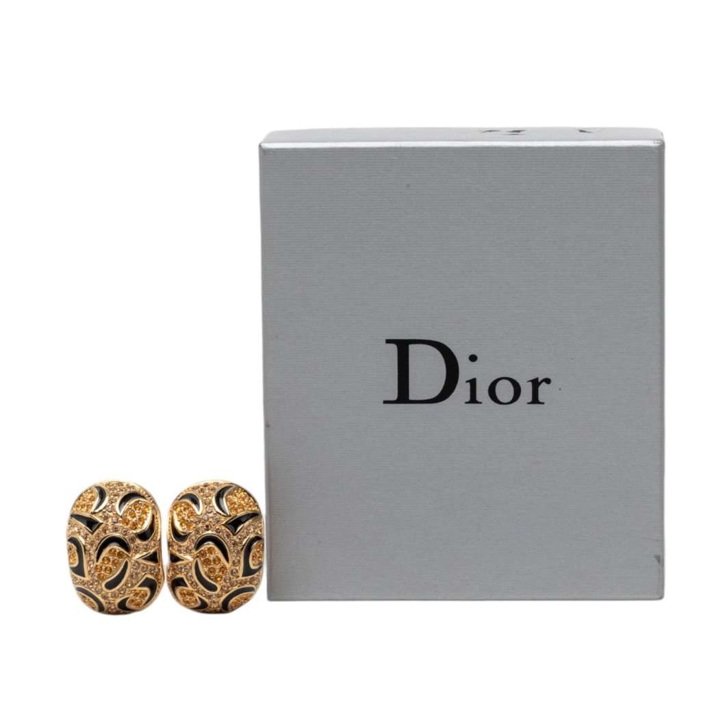 Dior Gold Plated Strass Enamel Oval Clip On Earrings Gold Metal Very good condition - Box View