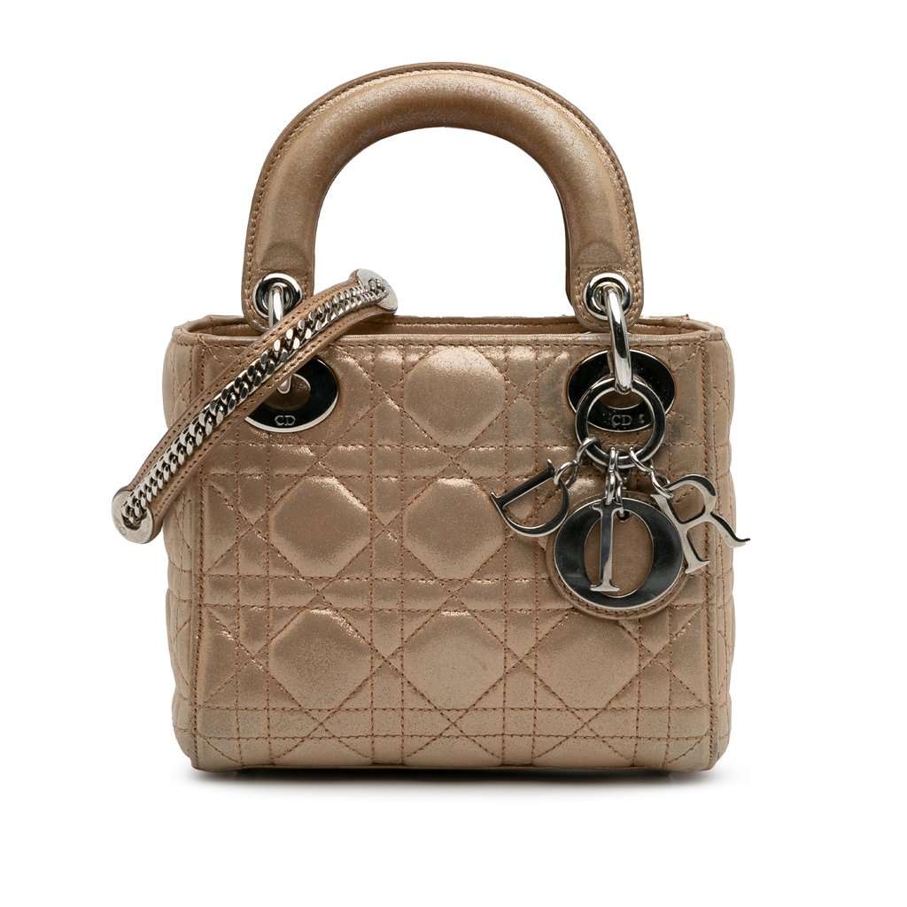 Dior Mini Iridescent Lambskin Cannage Lady Dior Beige Leather Very good condition - Front View