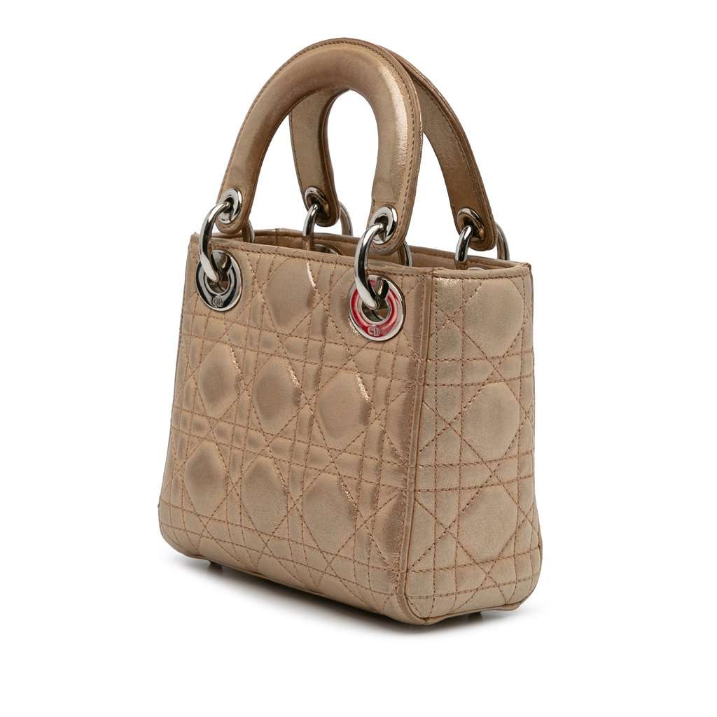 Dior Mini Iridescent Lambskin Cannage Lady Dior Beige Leather Very good condition - Back View