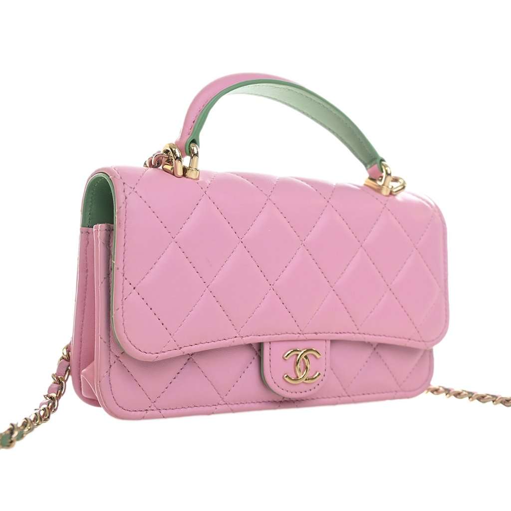 Chanel CC Quilted Lambskin Top Handle Phone Holder with Chain Pink Leather Very good - Inside View