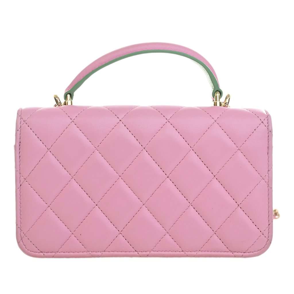 Chanel CC Quilted Lambskin Top Handle Phone Holder with Chain Pink Leather Very good - Model View
