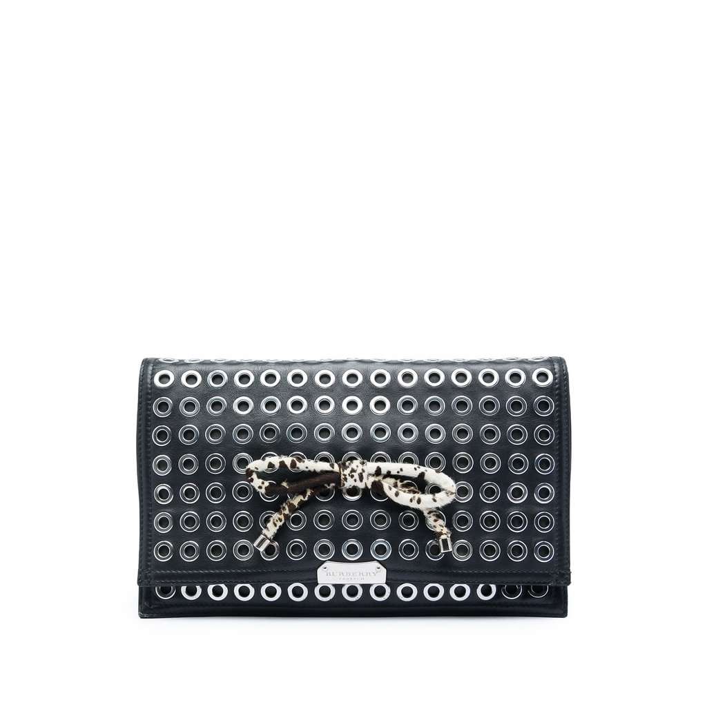 Burberry Prorsum Lambskin Grommet Pony Hair Bow Clutch Black Leather Very good - Front View