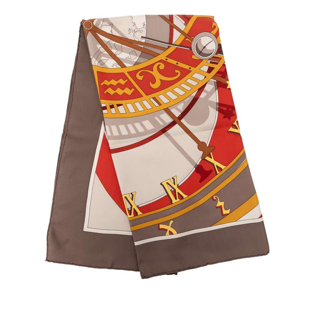 Hermès Mecanique du Temps Silk Scarf 90 Brown Very good - Front View