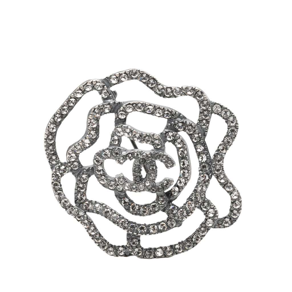 Chanel Brass and Strass Camelia Pin Brooch Silver Metal Very good condition - Front View