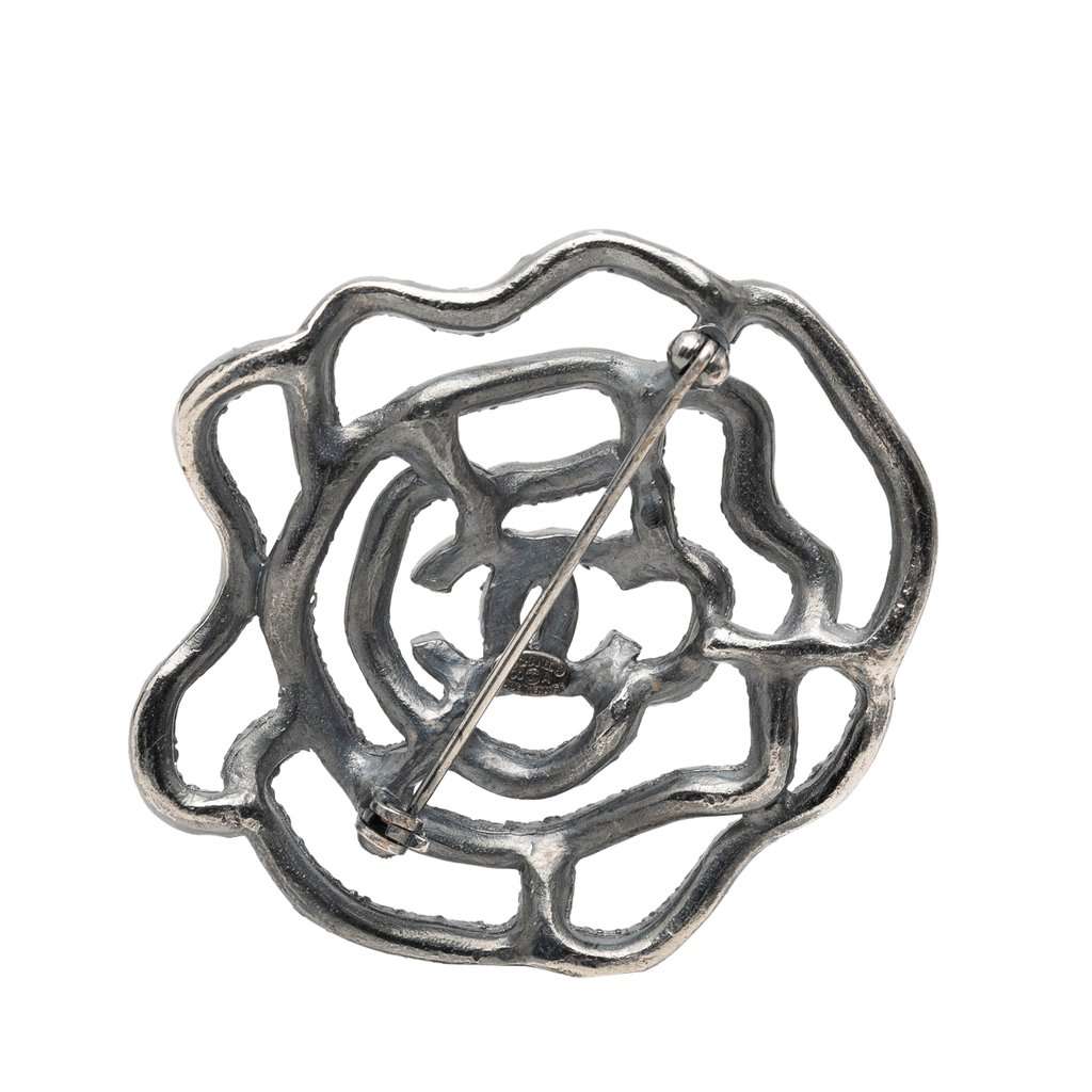 Chanel Brass and Strass Camelia Pin Brooch Silver Metal Very good condition - Back View