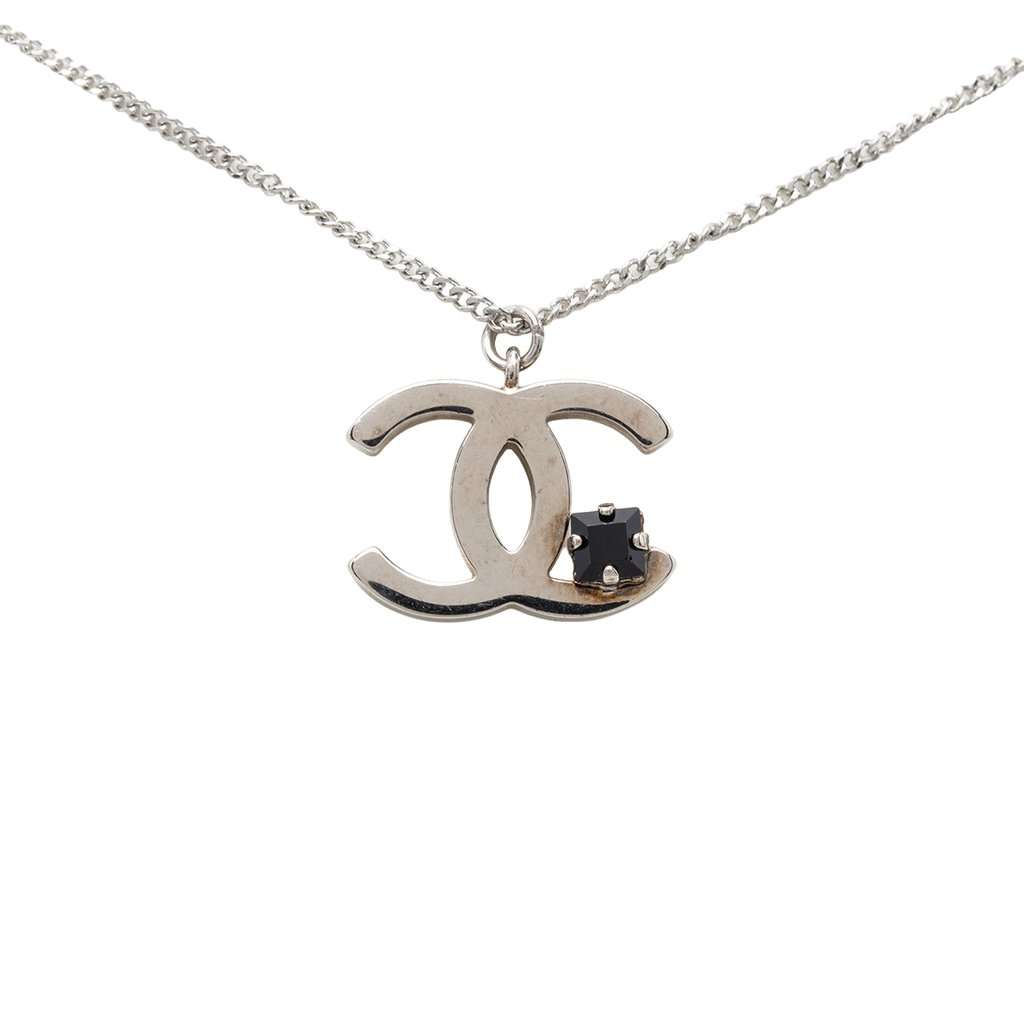 Chanel CC Brass Crystal Pendant Necklace Silver Metal Very good condition - Back View