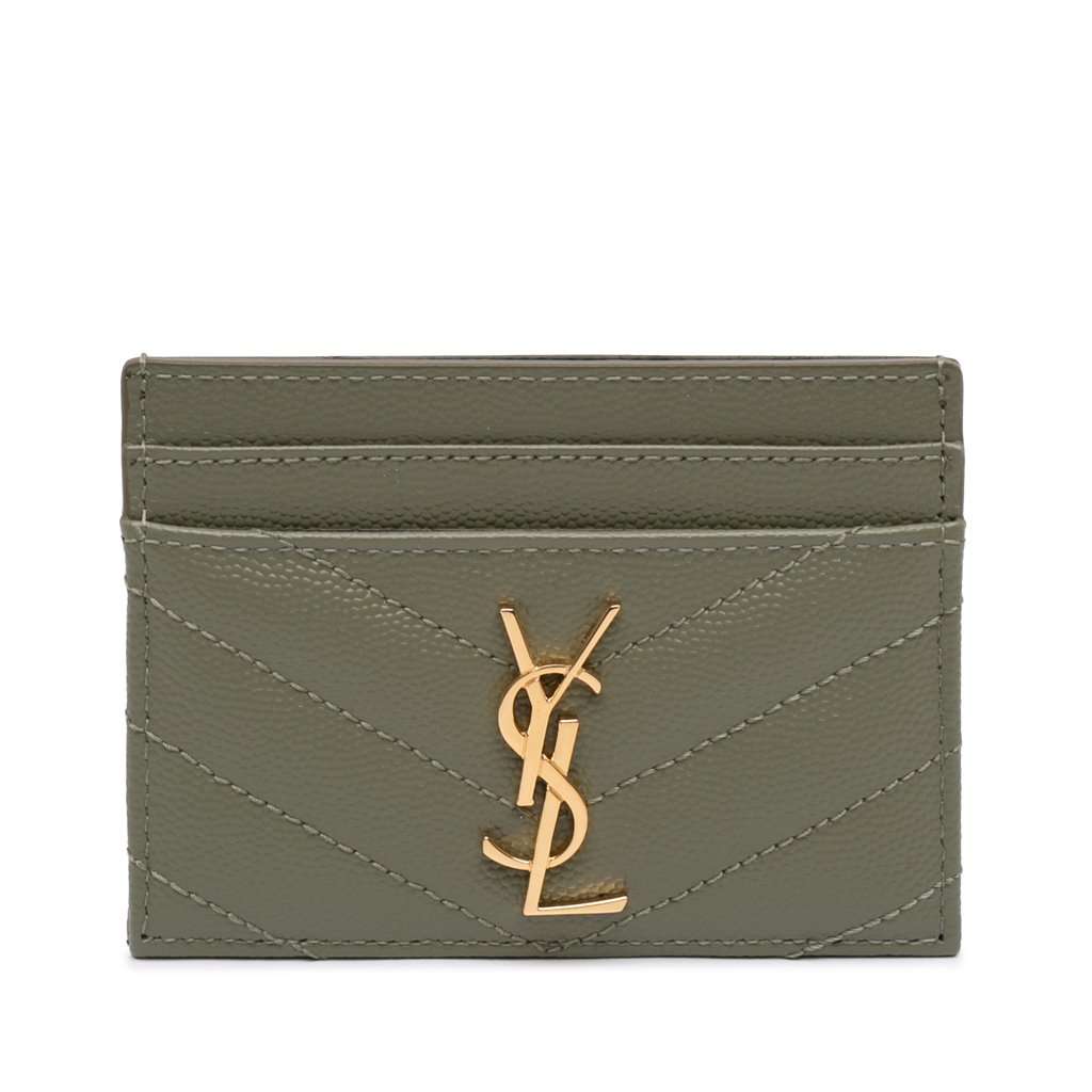 Saint Laurent Grain de Poudre Matelasse Chevron Cassandre Card Holder Green Leather Very good condition - Front View