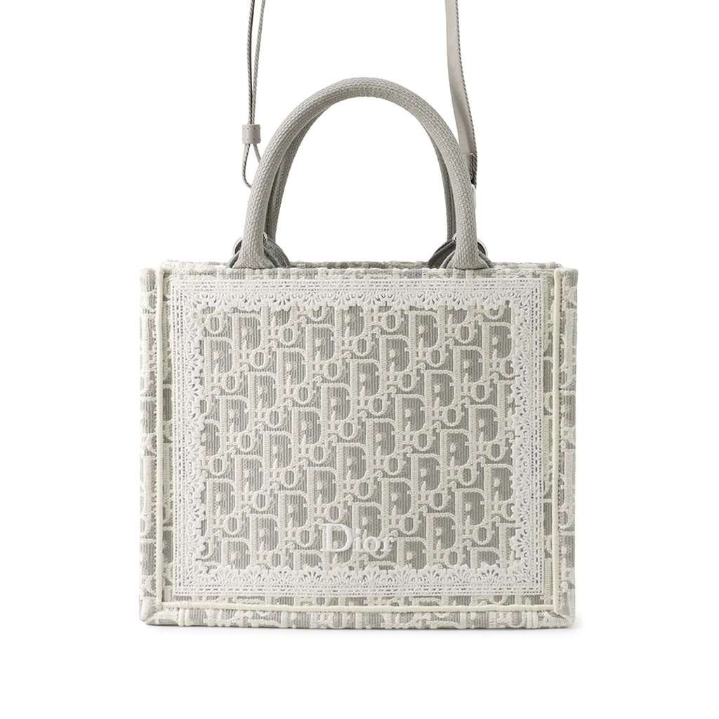 Dior Mini Oblique Embroidered Canvas Lace Book Tote Silver Very good - Front View