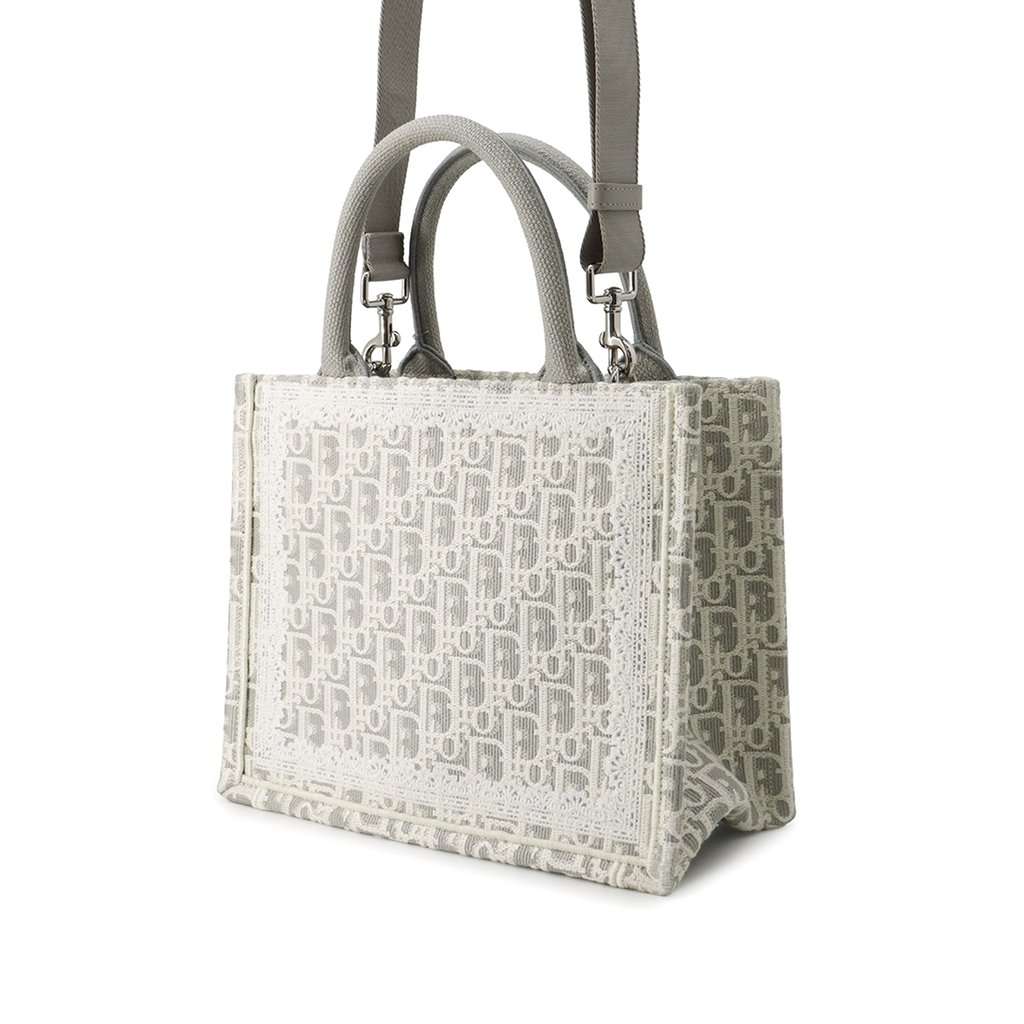 Dior Mini Oblique Embroidered Canvas Lace Book Tote Silver Very good - Back View