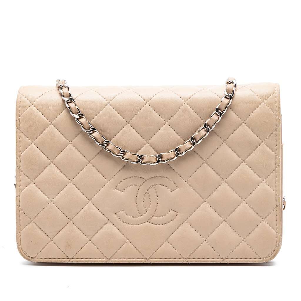 Chanel CC Quilted Lambskin Diamond Wallet On Chain Beige Leather Very good condition - Front View