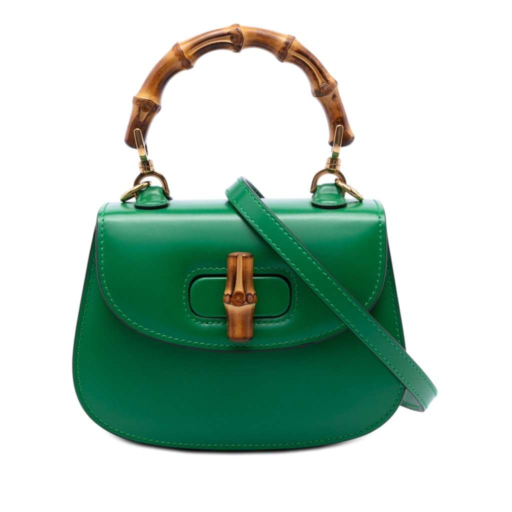 Gucci Mini Calfskin 1947 Bamboo Top Handle Bag Green Leather Very good condition - Front View