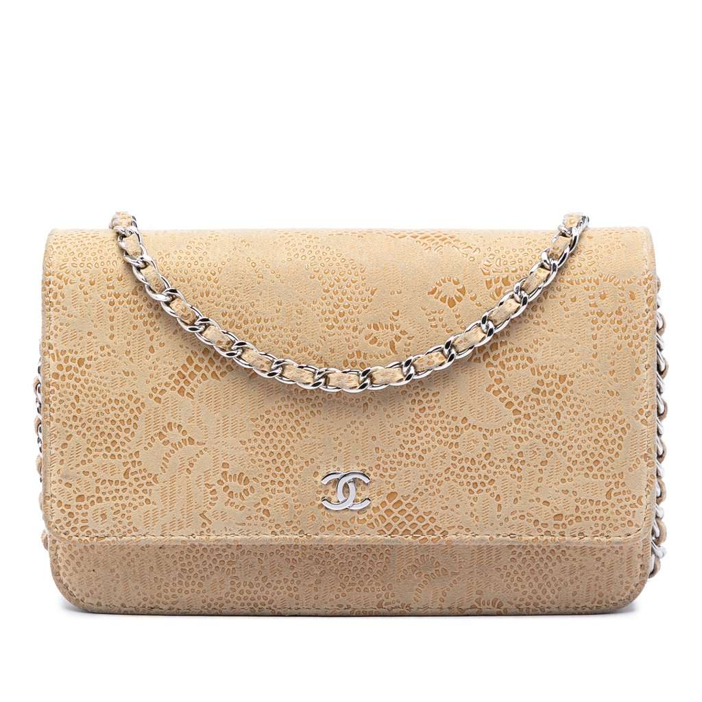 Chanel CC Lace Overlay Goatskin Wallet On Chain Beige Leather Very good condition - Front View