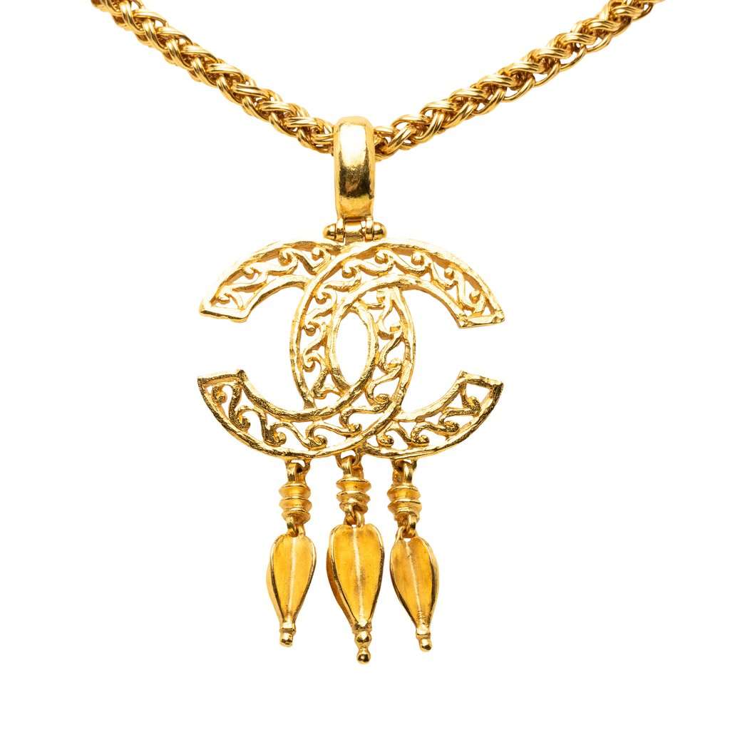 Chanel CC Gold-Plated Filigree Fringe Pendant Necklace Gold Metal Very good - Back View
