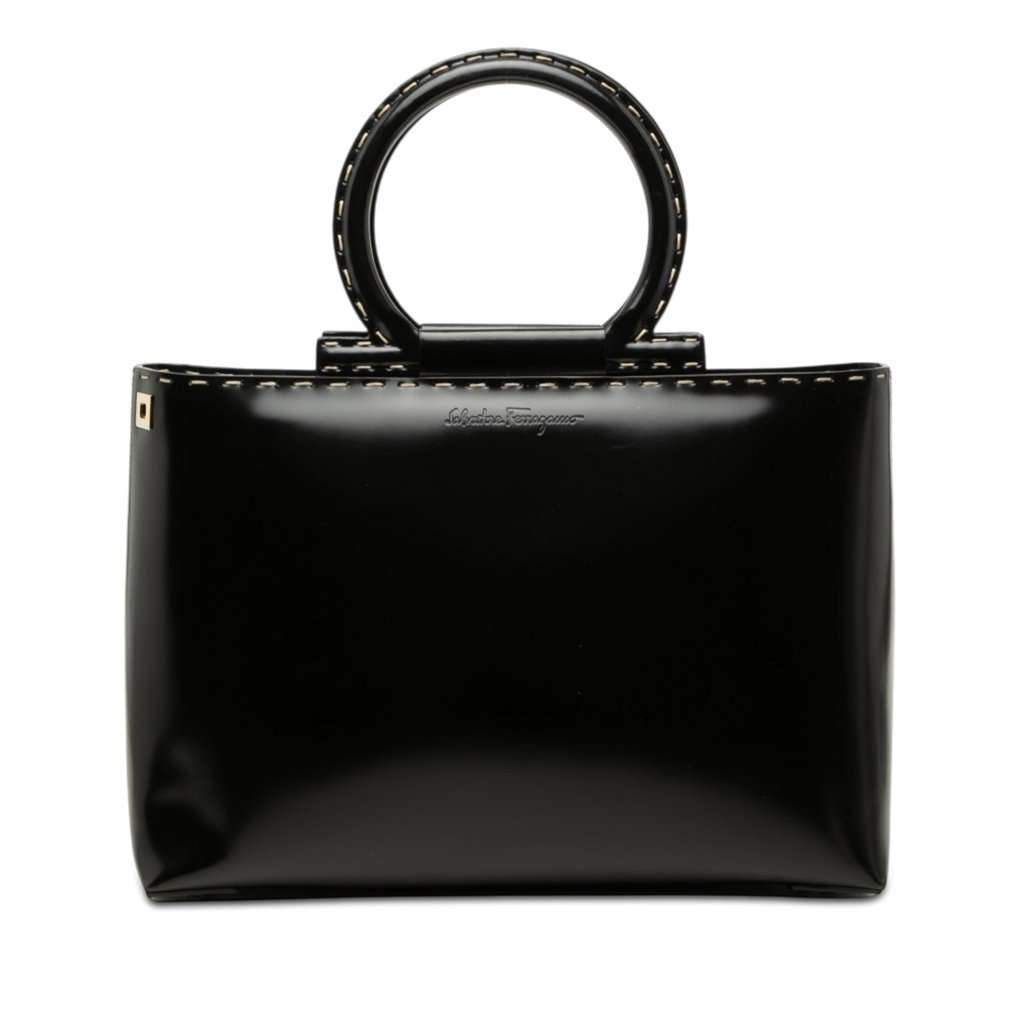 Ferragamo Patent Gancini Top Handle Satchel Black Leather Very good - Front View