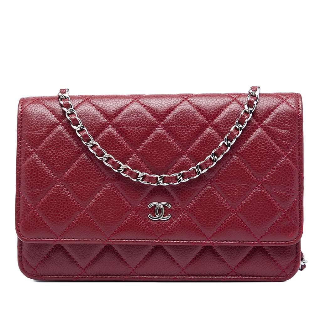 Chanel CC Quilted Caviar Wallet on Chain Red Leather Very good - Front View