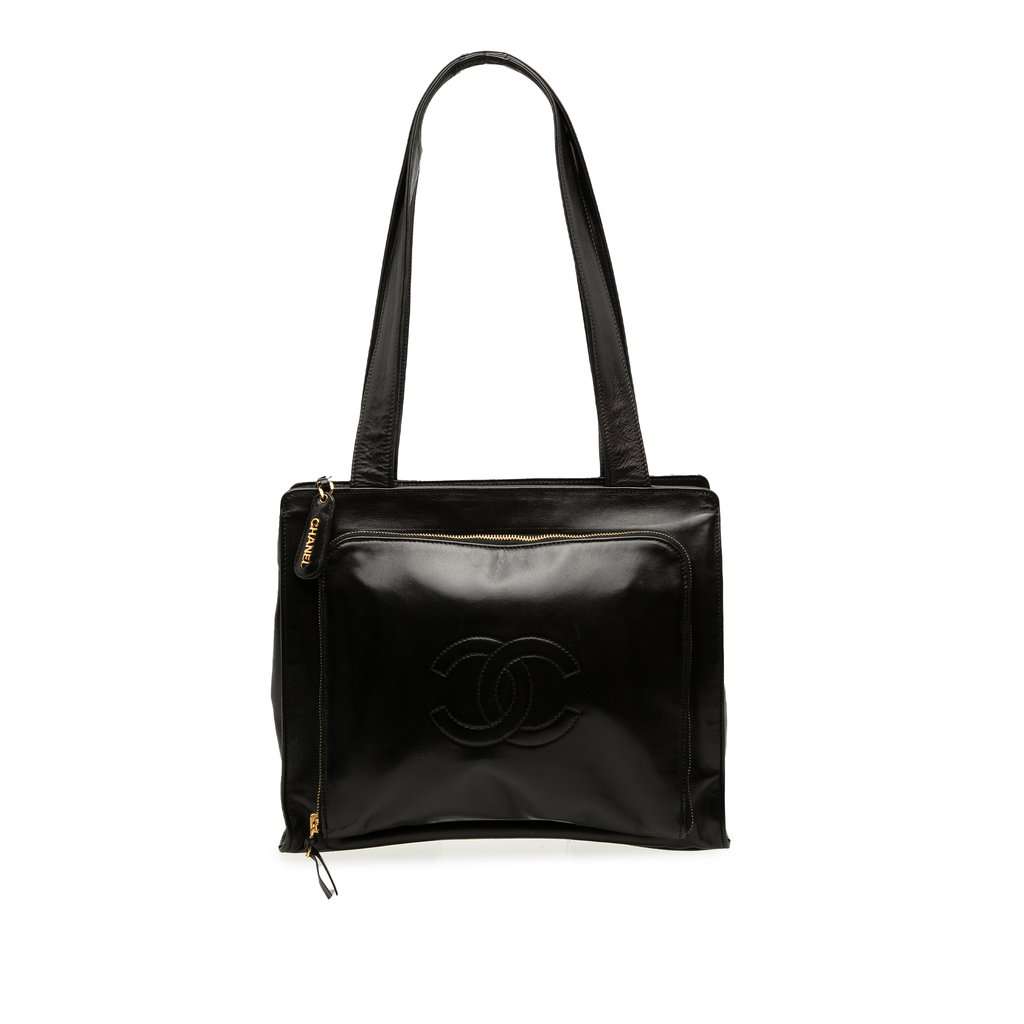 Chanel CC Lambskin Front Zip Pocket Tote Black Leather Very good - Front View