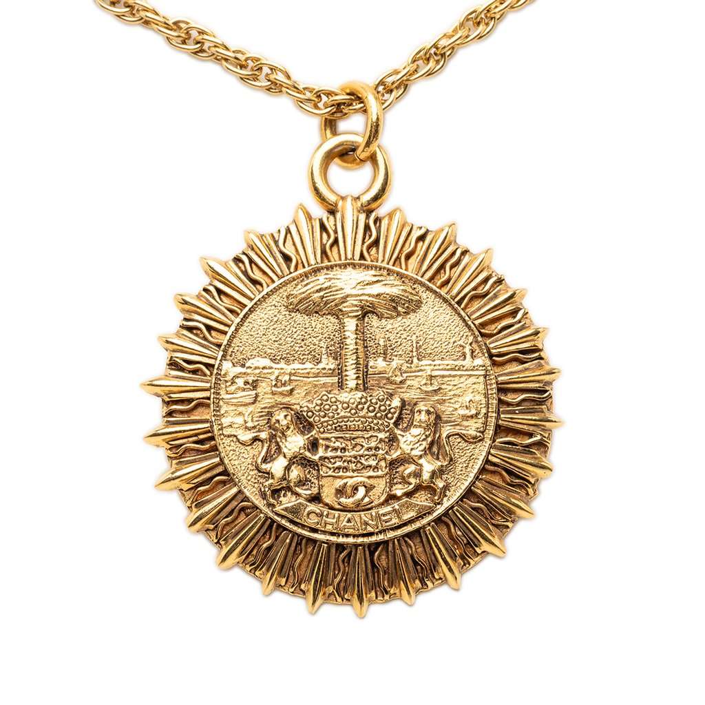 Chanel Gold Plated Medallion Coat of Arms Sunburst Pendant Necklace Gold Metal Very good condition - Back View