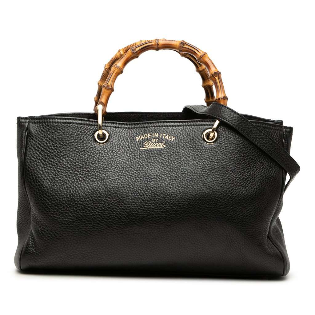 Gucci Medium Calfskin Bamboo Shopper Satchel Black Leather Very good - Front View