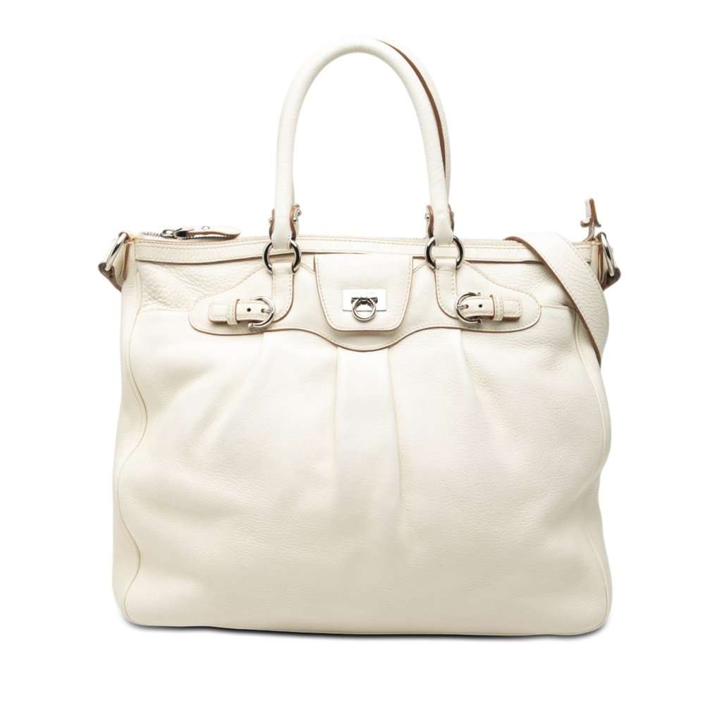 Ferragamo Leather Gancini Convertible Tote White Leather Very good condition - Front View